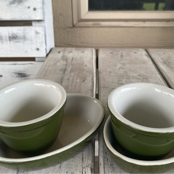 Hall Ceramic 6 Pc (3) 2081 Olive Green Boston Baker Dish (3) 352 Ramekin Cups - Picture 5 of 16